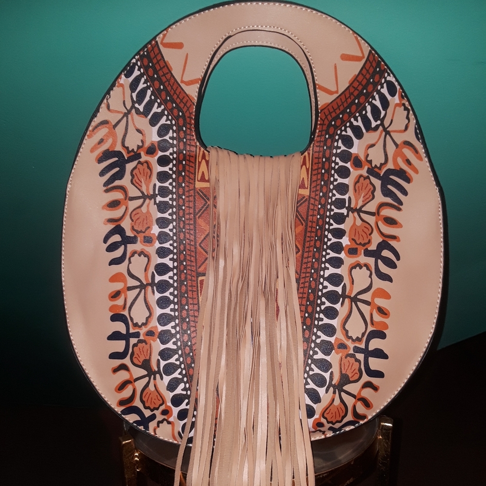 Western printed fringe  vegan leathedetail handbag